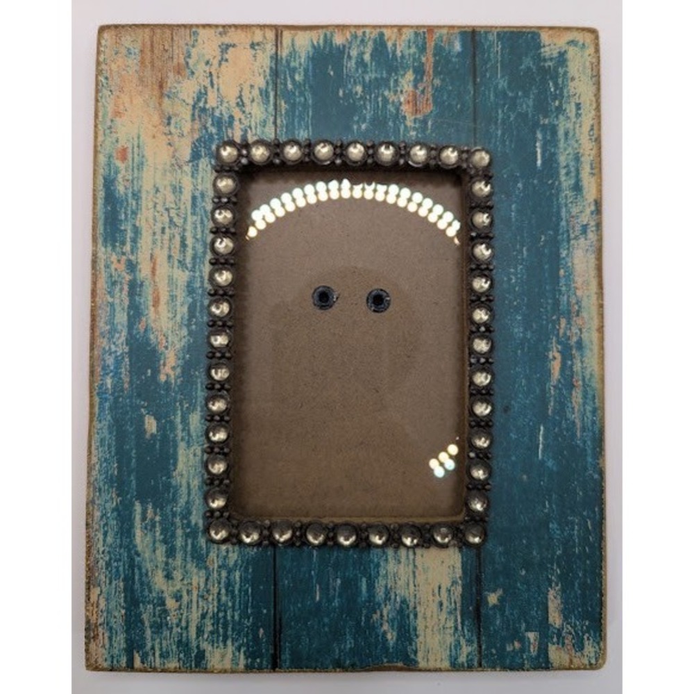 Rustic Distressed Teal Wood Picture Frame 3.5x5 Photo Beaded Rhinestone Border